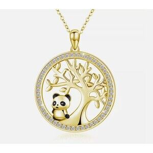 Gold Panda Tree Rhinestone Circle Pendant Necklace